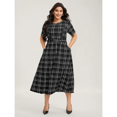 Bloomchic Women's Plus Size Grid Print Knit Belted Midi Dress Black Plaid Midi Office Non 10/m