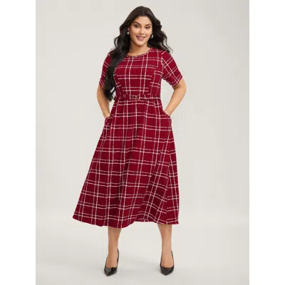 Bloomchic Women's Plus Size Grid Print Knit Belted Midi Dress Scarlet Plaid Midi Office Non 22-24/3x In Red