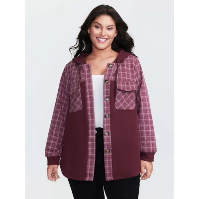 Bloomchic Women's Plus Size Grid Print Patchwork Hooded Jacket Russet Colorblock A-line 10/m In Brown