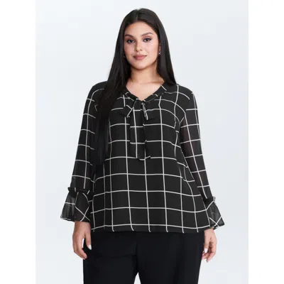 Bloomchic Women's Plus Size Grid Print Ruffled Sleeve Ribbon Neckline Blouse Black Plaid Office Extra Long Sle