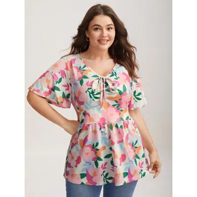 Bloomchic Women's Plus Size Groovy Floral Print Cinched Bust Top Multicolor Short Sleeve Elegant 14-16/1x