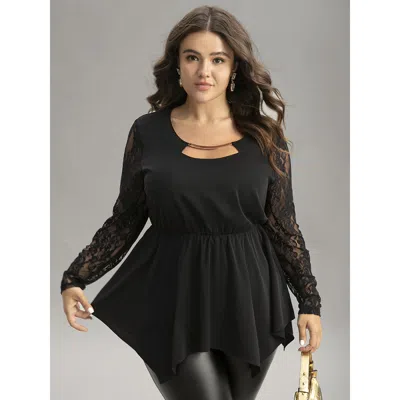 Bloomchic Women's Plus Size Guipure Lace Metal Detail Cut Out Hanky Hem Blouse Black Party Long Sleeve 28/5x