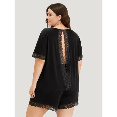 Bloomchic Women's Plus Size Guipure Open Back Lace Trim Pajama Top Black Plain Short Sleeve 10/m