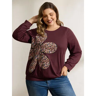 Bloomchic Women's Plus Size Half Floral Applique Embroidery Sweatshirt Burgundy Casual 10/m