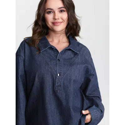 Bloomchic Women's Plus Size Half Placket Button Curvy Hem Denim Shirt Lightbluevintage Not Graphics Long Sleev