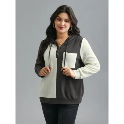 Bloomchic Women's Plus Size Half Placket Chest Textured Pocket Hoodie Dimgray Everyday 10/m