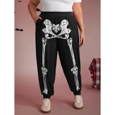 Bloomchic Women's Plus Size Half Skeleton Halloween Print Jogger Pants Black Non Tapered Ankle Mid Rise Casual