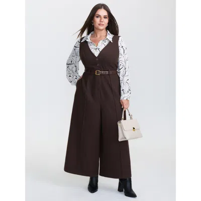 Bloomchic Women's Plus Size Half Wool Blend Belted Overall Jumpsuit Darkbrown Office 12/l In Brown