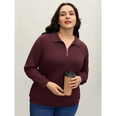 Bloomchic Women's Plus Size Half Zipper Adjustable Solid Sweatshirt Burgundy Office 10/m