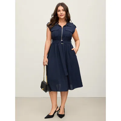 Bloomchic Women's Plus Size Half Zipper Pockets Belted Midi Dress Darkblue Non Midi Office Zipper 28/5x In Blue