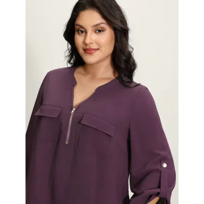 Bloomchic Women's Plus Size Half Zipper Tab Sleeve Blouse Eggplant Non Office Long Sleeve 12/l In Purple