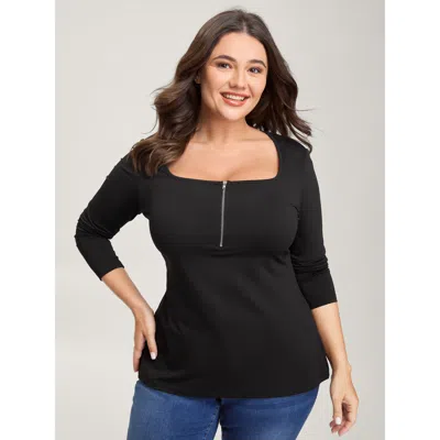 Bloomchic Women's Plus Size Half-zipper Neckline Bodycon Fit T-shirt Black Solid Casual Long Sleeve Square Nec