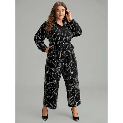 Bloomchic Women's Plus Size Halloween Art & Design Belted Pocket Jumpsuit Blackflower Festival-halloween 10/m