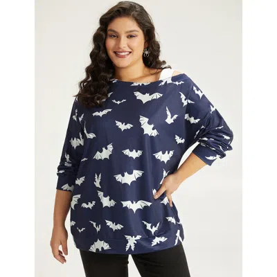 Bloomchic Women's Plus Size Halloween Bat Print Elastic Cuffs Cold Shoulder Sweatshirt Indigo Graphic-hallowee In Purple