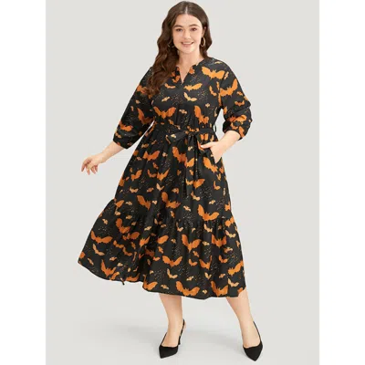 Bloomchic Women's Plus Size Halloween Bat Print Notched Belted Pocket Dress Black Festival-halloween Elastic C