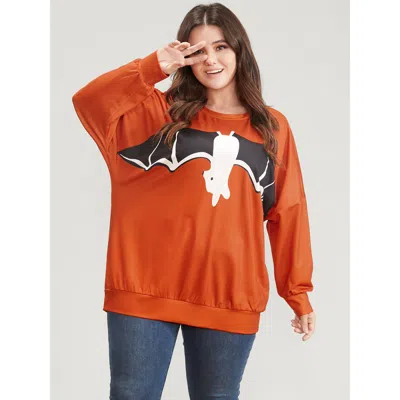 Bloomchic Women's Plus Size Halloween Bat Print Round Neck Drop Shoulder Sweatshirt Orange Graphic-halloween F