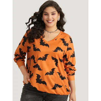 Bloomchic Women's Plus Size Halloween Bat Print V Neck Sweatshirt Orangered Graphic-halloween Festival-hallowe