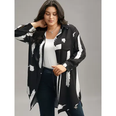 Bloomchic Women's Plus Size Halloween Brush Print Button Through Split Hem Kimono Black Colorblock 12/l