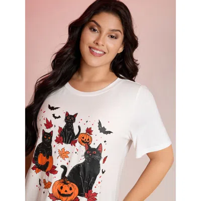 Bloomchic Women's Plus Size Halloween Cat Print Round Neck T-shirt Ivory Animal Motif Casual Half Sleeve 22-24 In White