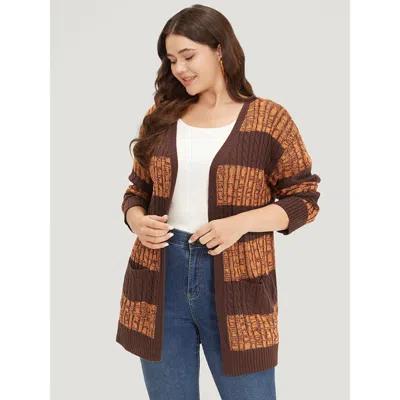 Bloomchic Women's Plus Size Halloween Colorblock Cable Knit Patched Pocket Cardigan Chocolate 22-24/3x In Brown