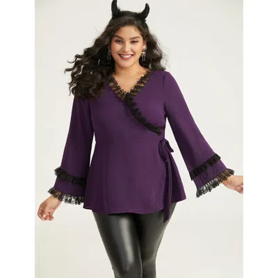 Bloomchic Women's Plus Size Halloween Contrast Eyelet Lace Wrap Layered Cuffs Blouse Eggplant Dailywear Long S In Purple