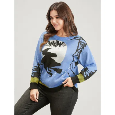 Bloomchic Women's Plus Size Halloween Contrast Pointelle Knit Jacquard Knit Top Lightblue Graphic-halloween Lo In Blue