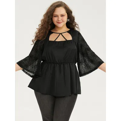 Bloomchic Women's Plus Size Halloween Cut Out Elastic Waist Guipure Lace Blouse Black Festival-halloween 3/4 S