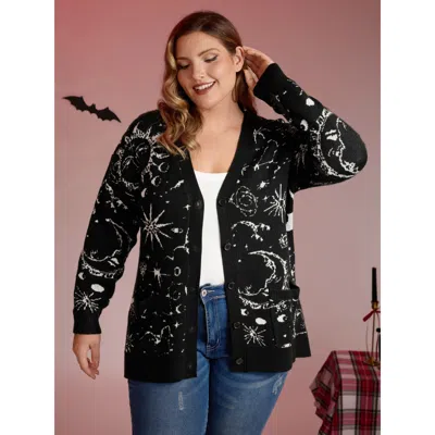 Bloomchic Women's Plus Size Halloween Elements Button Knit Cardigan Black Long Sleeve 14-16/1x