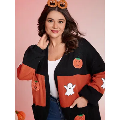 Bloomchic Women's Plus Size Halloween Elements Color Block Knit Cardigan Black Long Sleeve 14-16/1x