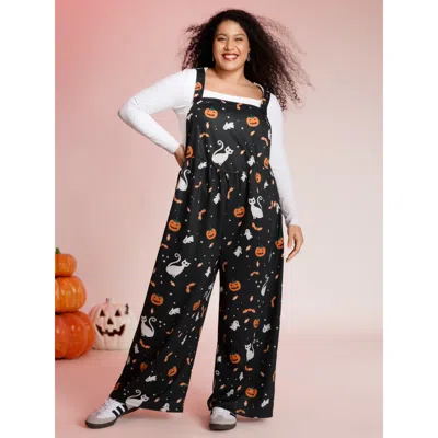 Bloomchic Women's Plus Size Halloween Elements Print Stretchy Waist Jumpsuit Black Casual 10/m