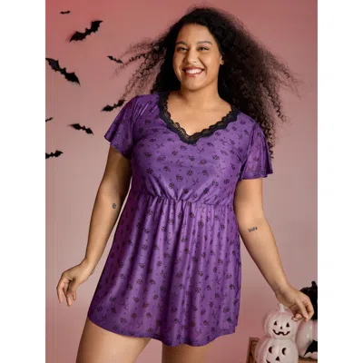 Bloomchic Women's Plus Size Halloween Fun Print Stretchy Waist Nightgown Deeppurple Short Sleeve Tunic 10/m