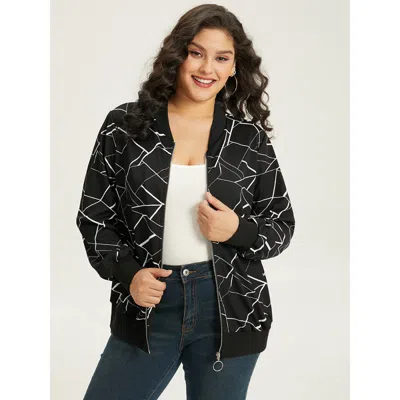 Bloomchic Women's Plus Size Halloween Geometric Graphic Pocket Zipper Elastic Cuffs Jacket Black Elastic Cuffs