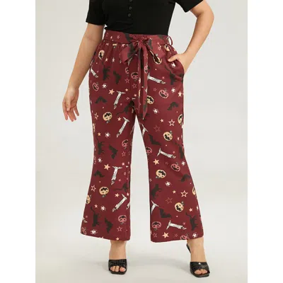 Bloomchic Women's Plus Size Halloween Graphic Belted Flare Leg Pants Multicolor High Rise Festival-halloween 2