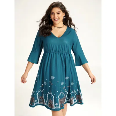 Bloomchic Women's Plus Size Halloween Graphic Pocket Ruffle Trim Gathered Dress Emerald Festival-halloween Pri In Green