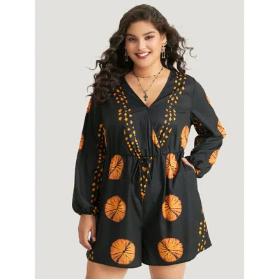 Bloomchic Women's Plus Size Halloween Graphic Surplice Neck Bowknot Romper Black Graphic-halloween Festival-ha