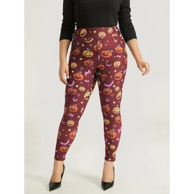 Bloomchic Women's Plus Size Halloween Graphic Wideband Waist Leggings Burgundy High Stretch High Rise Festival