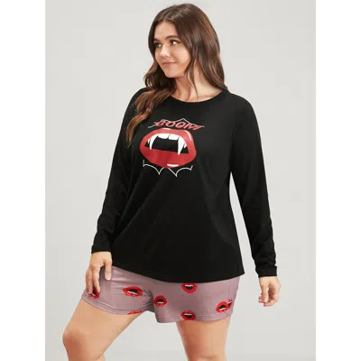 Bloomchic Halloween Lip Print Pajama Set In Black