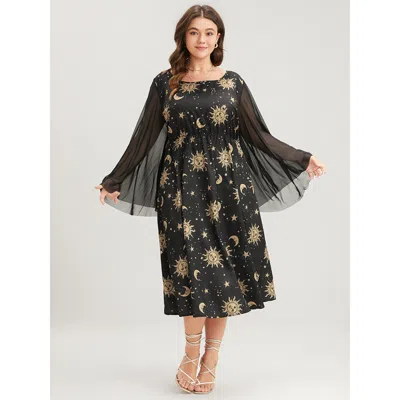 Bloomchic Halloween Moon And Star Bell Sleeve Pocket Crew Neck Midi Dress In Black