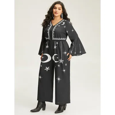 Bloomchic Women's Plus Size Halloween Moon & Star Elastic Waist Bell Sleeve Jumpsuit Black Festival-halloween 