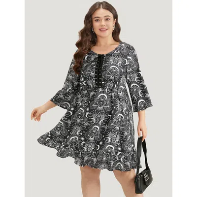 Bloomchic Women's Plus Size Halloween Moon & Star Lace Up Pocket Bell Sleeve Dress Black Festival-halloween Cr