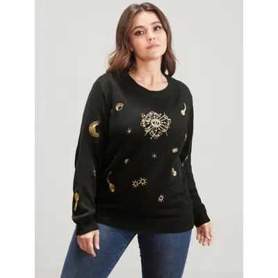 Bloomchic Women's Plus Size Halloween Moon And Star Pointelle Knit Embroidered Knit Top Black Moon And Star Lo