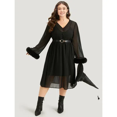 Bloomchic Women's Plus Size Halloween Patchwork Chiffon Mesh Button Up Fuzzy Trim Dress Black Festival-hallowe