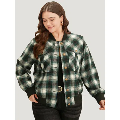 Bloomchic Women's Plus Size Halloween Plaid Pocket Button Up Contrast Patchwork Jacket Cyan Elastic Cuffs 14-1 In Blue
