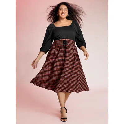 Bloomchic Women's Plus Size Halloween Plaid Print Crosstie Contrast Midi Dress Orangered Plaid Midi Elegant 10
