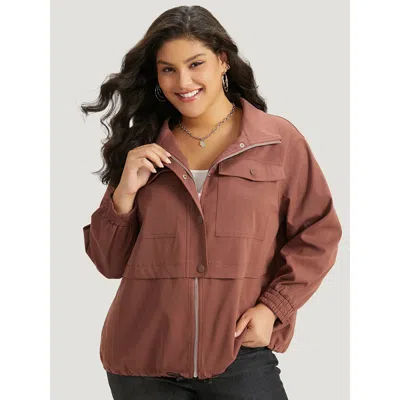 Bloomchic Women's Plus Size Halloween Plain Flap Pocket Shirred Drawstring Zipper Fly Jacket Russet Elastic Cu In Brown