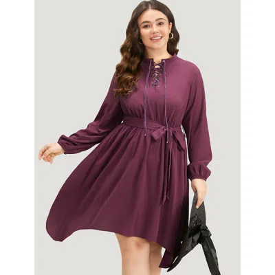 Bloomchic Women's Plus Size Halloween Plain Lantern Sleeve Belted Lace Up Asymmetrical Hem Dress Purple Festiv