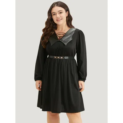 Bloomchic Women's Plus Size Halloween Plain Pu Crisscross Patchwork Pocket Dress Black Festival-halloween Elas