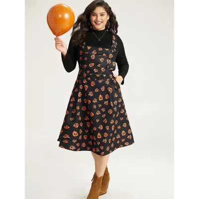 Bloomchic Women's Plus Size Halloween Pocket Pumpkin Print Overall Cami Dress Black Casual Adjustable Straps 1