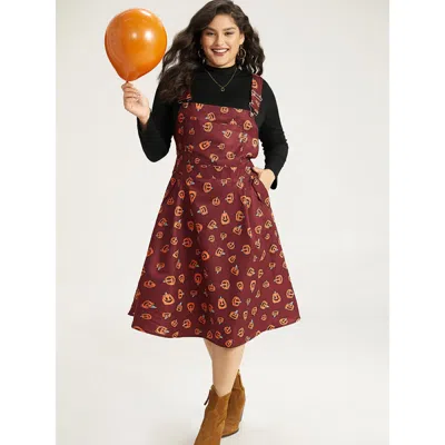 Bloomchic Women's Plus Size Halloween Pocket Pumpkin Print Overall Cami Dress Burgundy Casual Adjustable Strap