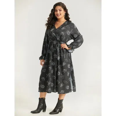 Bloomchic Women's Plus Size Halloween Print Belted Pocket Wrap Split Hem Dress Black Festival-halloween Elasti